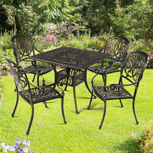 VINGLI Outdoor Dining Chairs Set of 4 Aluminum Patio Chairs, Cast Aluminum Patio Furniture Aluminum Outdoor Chairs for Backyard, Poolside, Balcony Bronze (4, Elizabeth Back Without Cushion)