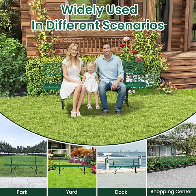 Heavy Duty Park Bench with Back Portable Frame, Outdoor Steel Bench with Backrest, Outdoor Park Bench Expanded Metal Mesh Bench for Lawn, Park, Deck, Garden, Patio, Porch, Black (Green, 8FT)