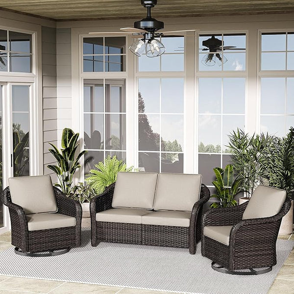 3 Pieces Patio Conversation Set, 55" Sofa with Washable Cushions, Wicker 360 Degree Swivel Glider Rocker Chairs - Photo 1