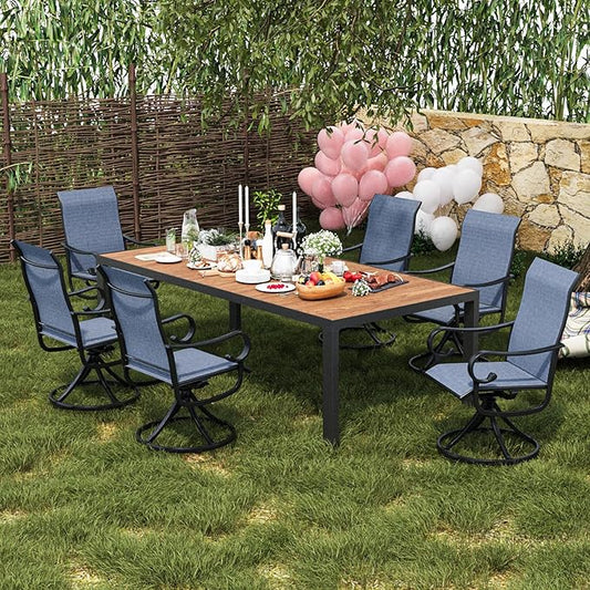 Patio Swivel Chairs Set of 6, Outdoor Dining Chairs with High Back, All-Weather Swivel Rocker Chair with Sturdy Metal Frame for Outdoor Poolside Lawn Garden, Navy Blue