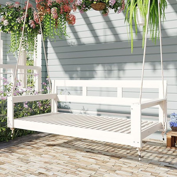 Merax Patio Wooden Twin Size Porch Swing Daybed Frame, Farmhouse Swing Bench Chair with 4 Hanging Ropes for Backyard - Photo 1