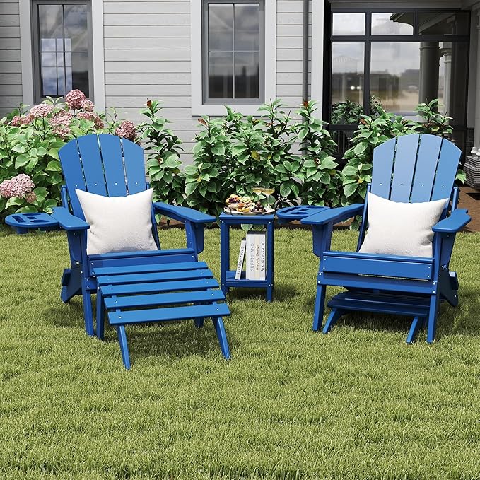 Adirondack Ottoman Set of 4, Folding Adirondack Ottoman for Adirondack Chair, HDPE All Weather Outdoor Footstool for Patio, Backyard, Porch, Garden, Navy Blue