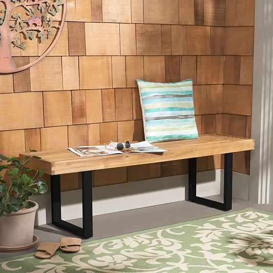 SAFAVIEH Outdoor Collection Monti Natural/Black Iron Legs Solid Wood Slatted Bench