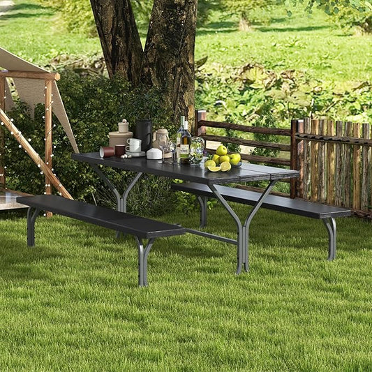 Giantex 6FT Picnic Table Bench Set Outdoor Camping All Weather Metal Base Wood-Like Texture Backyard Poolside Dining Party Garden Patio Lawn Deck Furniture Large Camping Picnic Tables for Adult, Black