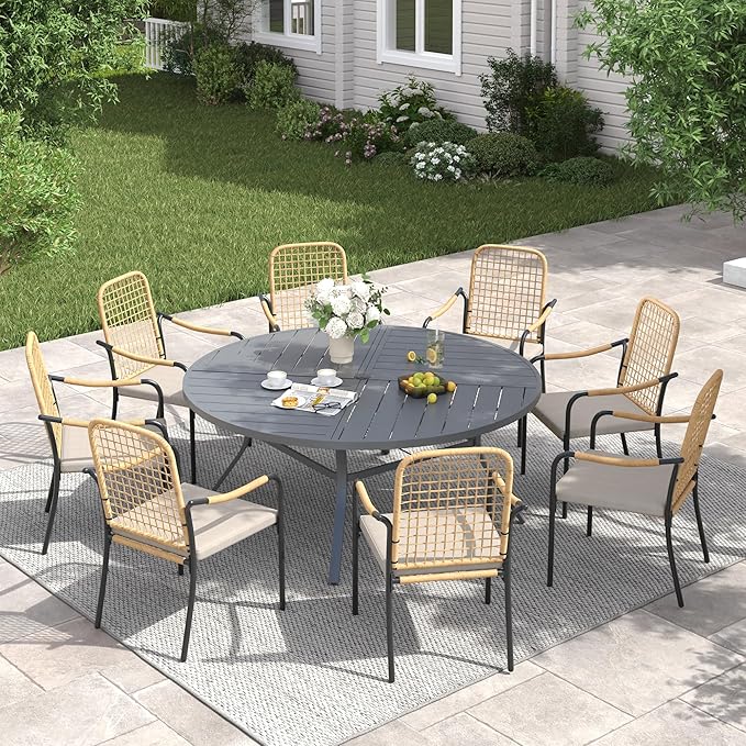 VICLLAX 53" Round Patio Table with Umbrella Hole, All Weather Metal Outdoor Dining Table for 6-8, Outside Table for Lawn Garden, Grey
