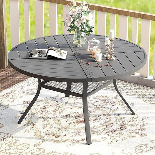 VICLLAX Round Patio Table with Adjustable Umbrella Hole for 6, All Weather Metal Outdoor Dining Table for Lawn Garden, 47.2" Outdoor Coffee Table, Grey Tabletop