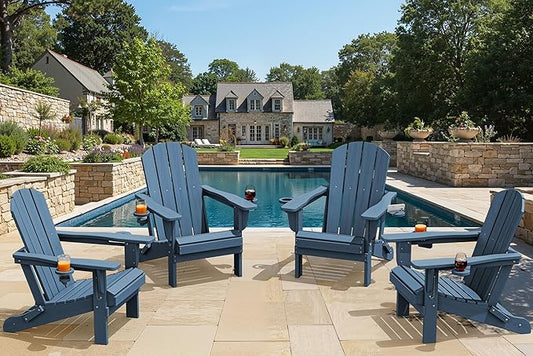 SERWALL Folding Adirondack Chair, Dual Cup Holders & All-Weather HDPE, Wood-Like Patio Chair-Navy
