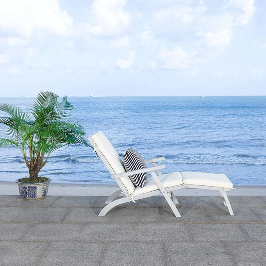 SAFAVIEH Outdoor Collection Palmdale Grey Solid Wood/Beige Cushion with Striped Pillow Chaise Lounge Chair (PAT7015F)