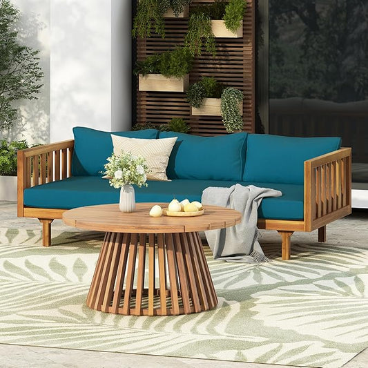 Merax Outdoor Acacia Wood Conversation Set - Patio 3-Seat Loveseat Sofa w/Coushion and Round Coffee Table for Backyard, Lawn, Balcony, Teak+Teal/Light Teak