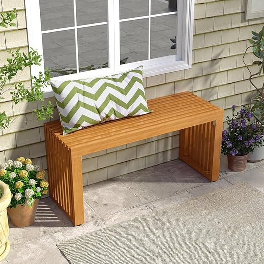 HAPPYGRILL Outdoor Acacia Wood Bench, Patio Bench with Slatted Seat & Metal Protectors, for Entryway Porch Backyard Park, 800 lbs (2)