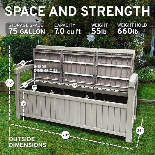 EconoHome 3 Seat Outdoor Storage Bench with Rain Cover - 90 Gallon Capacity - Weatherproof Resin Bench for Patio, Porch, Garden, Yard, Pool Area