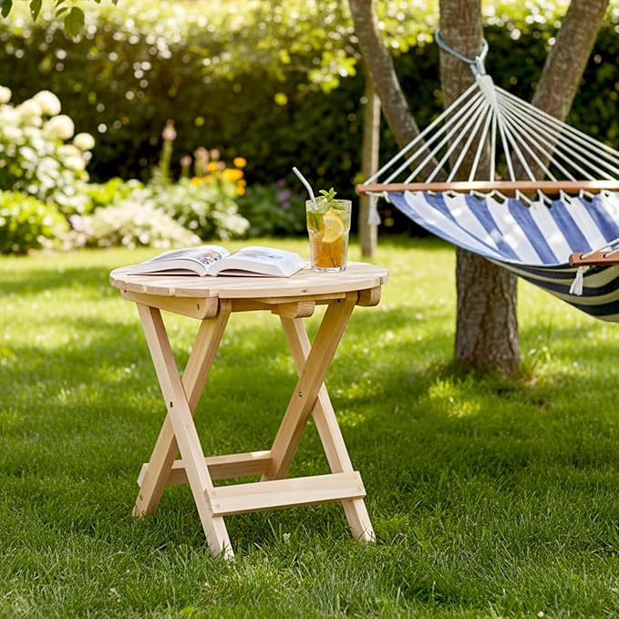 Shine Company Round Wooden Folding Solid Wood Side Table, Outdoor Adirondack Small Patio Table, Natural