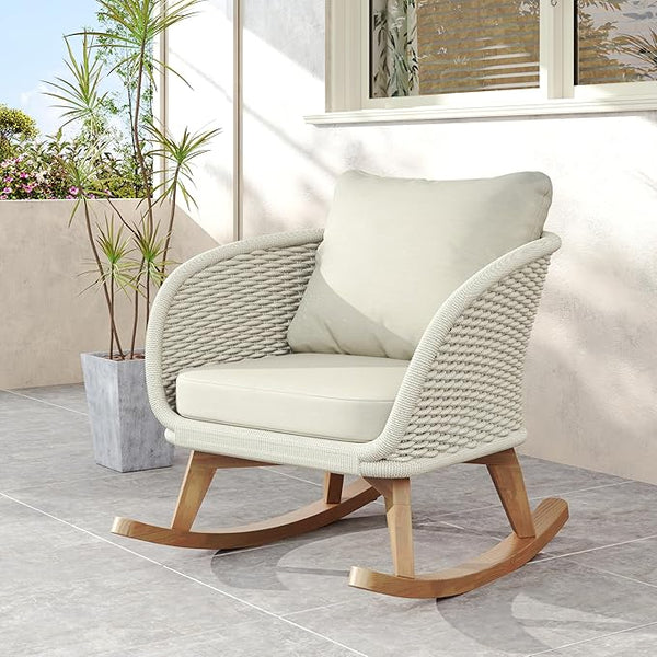 Outdoor Wooden Rocking Chair, Patio Rocking Chair with Soft Cushions & Wood Leg - Photo 1