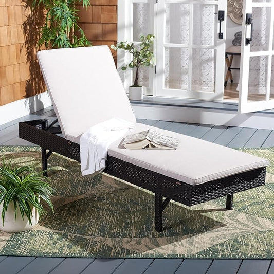 SAFAVIEH Outdoor Collection Cam Black/Light Grey Cushion Adjustable Chaise Lounge
