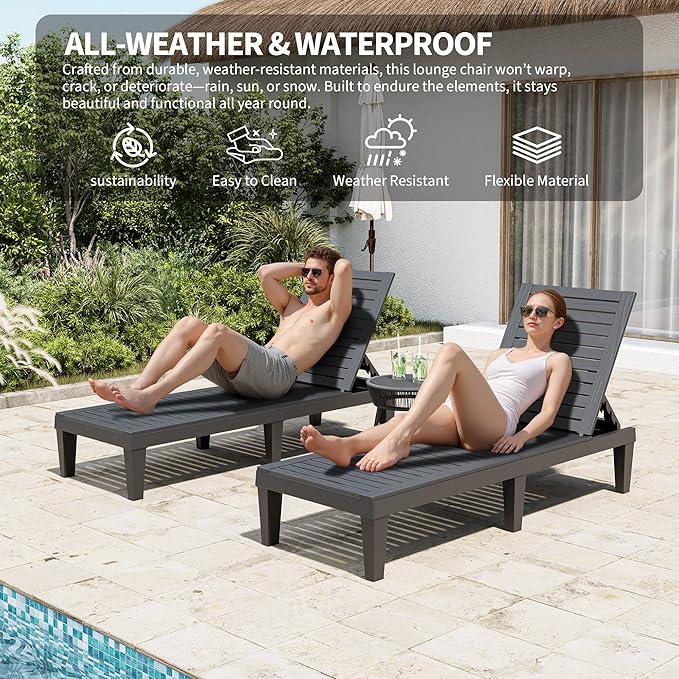 Outdoor Chaise Lounge Chairs Set of 4, 5-Position Adjustable Tanning Lounge Chairs with Wood Texture, All-Weather Resin Patio Lounge Chair for Pool, Garden, Deck, Beach, Striped Black