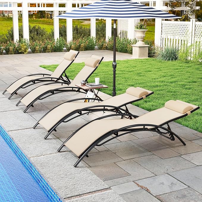 Tangkula Lounge Chairs Outdoor Set of 2, Heavy-Duty Patio Chaise Lounges with 5-Position Backrest & Breathable Seat Fabric, Outside Beach Pool Sunbathing Recliner for Backyard, Poolside (Beige)