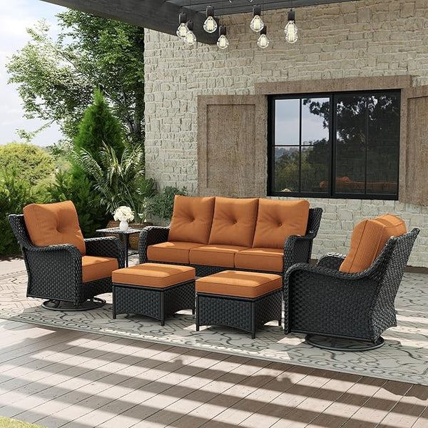 6 Piece Patio Furniture Set, All-Weather Wicker Outdoor Conversation Set with Swivel Rocking Chair and 6 Inch Thick - Photo 1