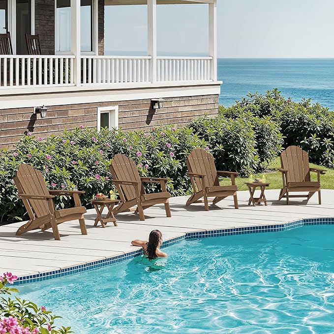 Foldable HDPE Adirondack Chairs Set of 2, Garden, Lawn, Backyard, All-Weather Outdoor Furniture, Hidden Cup Holder, Brown