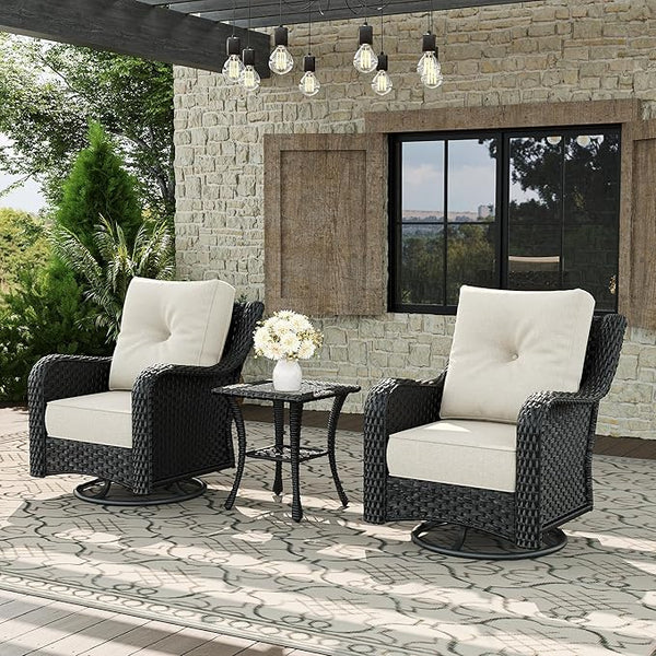 3 Piece Patio Furniture Set, All-Weather Wicker Outdoor Conversation Set with Swivel Rocking Chair and 6 Inch Thick - Photo 1