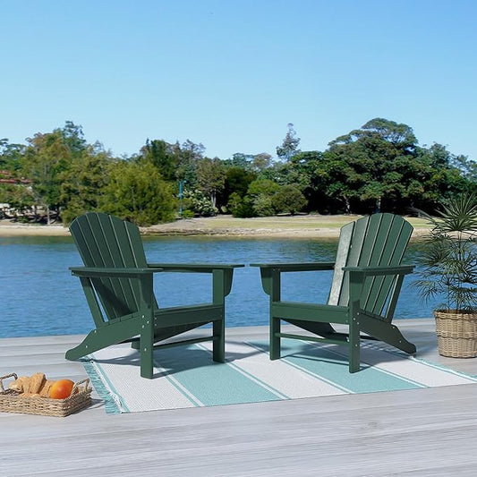 Costaelm Outdoor Adirondack Chair, HDPE Patio Chair, Weather Resistant Lawn Firepit Outside Chairs for Porch, Poolside, Garden, Backyard Deck, Dark Green