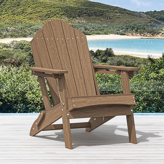 Foldable HDPE Adirondack Chairs Set of 2, Garden, Lawn, Backyard, All-Weather Outdoor Furniture, Hidden Cup Holder, Brown