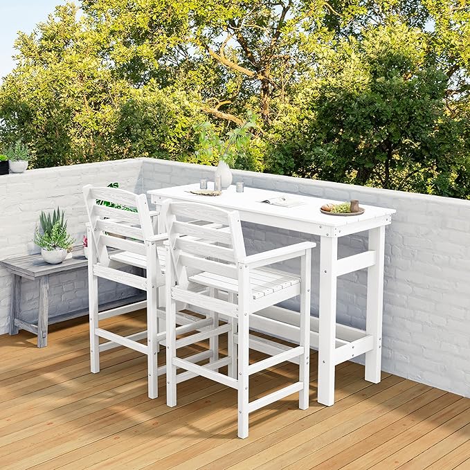 SERWALL Outdoor Bar Set with 9ft Umbrella, All-Weather HDPE Patio Bar Chairs and Table, Outdoor Furniture Set, White (Umbreall Base not Included)