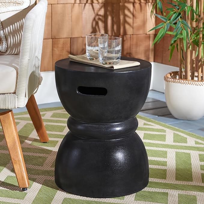 SAFAVIEH Outdoor Haruki Black Modern Concrete Round Accent Table