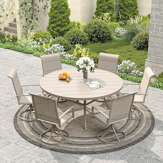 VICLLAX 53" Outdoor Round Patio Dining Table for 8, All Weather Metal Dining Table with Umbrella Hole for Deck Lawn Garden Backyard, Sandshell