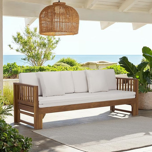 SAFAVIEH Outdoor Patio Furniture Collection - Napoli Brown & Cream Solid Wood Bench Convertible Daybed with Cushions, Versatile Patio Seating (PAT6805A)
