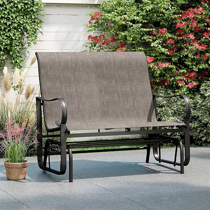 Giantex 2-Person Outdoor Glider Bench with High Backrest, Mesh Fabric, Metal Frame, 660Lbs Capacity, Rocking Chair, Swing Loveseat, Patio Glider for Garden, Poolside, Yard (31.5"x41"x37",Mix Brown)