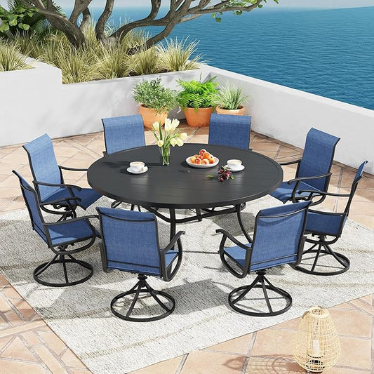 Patio Dining Table for 8-10, Round Metal Outdoor Table with 1.57" Umbrella Hole, 60" Outdoor Slat Tabletop Dining Table for Backyard, Porch, Lawn, Black