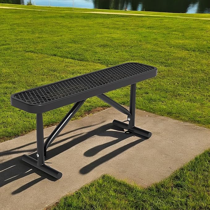 4ft Outdoor Metal Park Bench, 48" Backless Heavy-Duty Commercial Black Garden Bench with Expanded Steel Mesh Seat, Weatherproof Park Patio Dining Table Bench for Backyard Lawn School Porch Deck