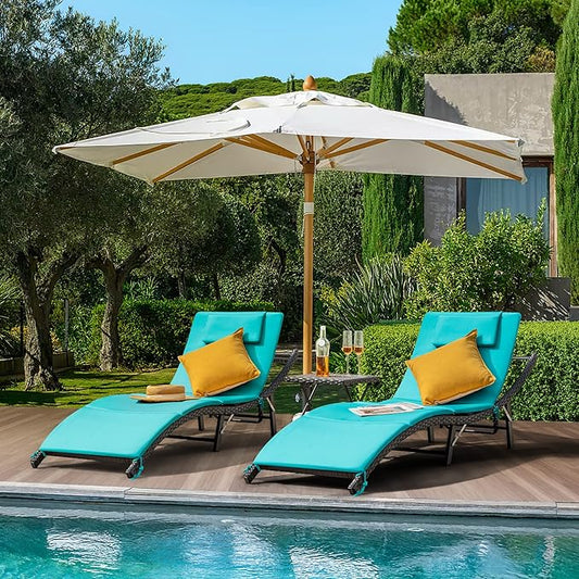 Rankok Outdoor Lounge Chairs Set 3 Pieces Adjustable Chaise Lounge with Folding Table and Cushion for Garden, Poolside, Beach (Blue)