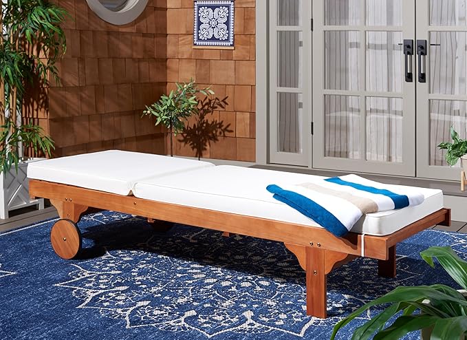 SAFAVIEH Outdoor Collection Newport Natural/ Beige Cushion Built-in Side Table Adjustable Chaise Lounge Chair