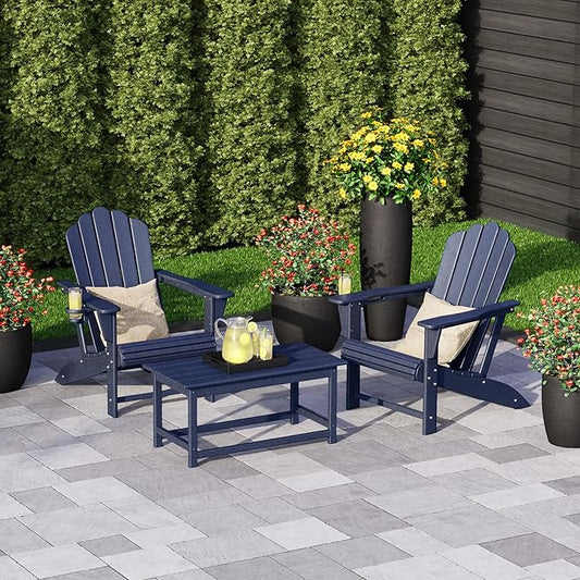 Costaelm Lakeview 3-Piece Adirondack Chairs with Cup Holders and Coffee Table Set, Navy Blue