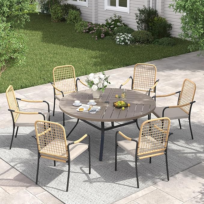 VICLLAX 47.2" Round Patio Table with Umbrella Hole, All Weather Metal Outdoor Dining Table for 6, Outside Table with Storage Shelf for Lawn Garden, Grey Wood-Grain Finish
