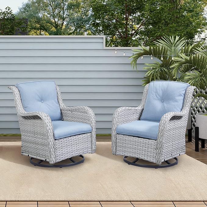 Rilyson Wicker Rocking Chair Swivel Chairs - 4 PC Rocker Patio Chairs Set Rattan Rocking Chair for Outdoor Porch Deck Garden Backyard(Light Grey/Sky Blue)