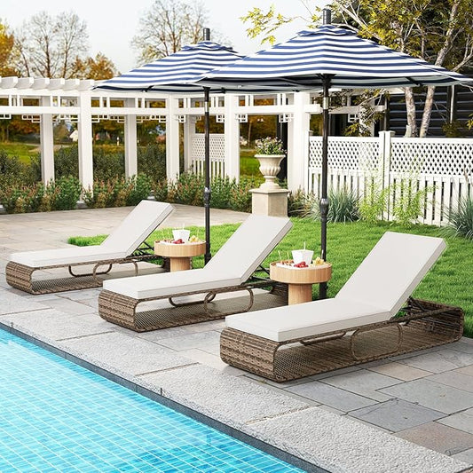 Tangkula Outdoor Chaise Lounge Chair, 7-Position PE Wicker Patio Reclining Sun Lounger with Adjustable Backrest, Cushion and Storage, Pool Sunbathing Recliner for Poolside, Backyard (2, Off White)