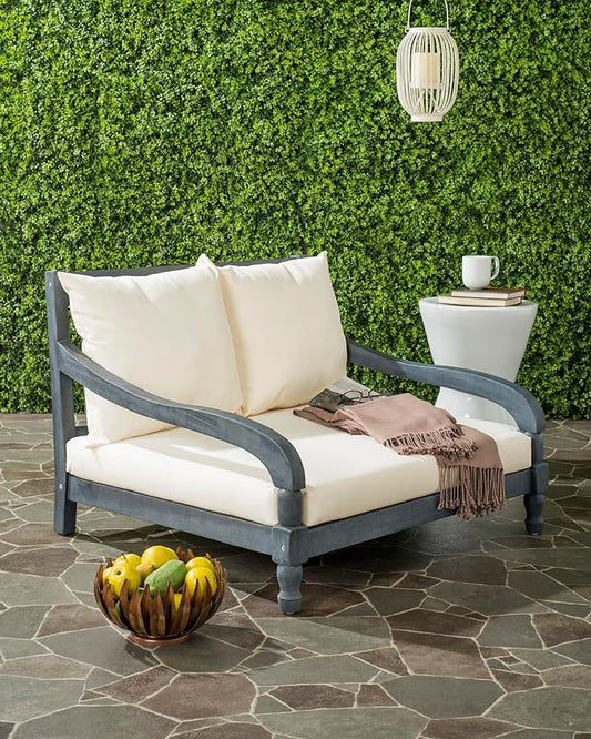 SAFAVIEH Outdoor Collection Pomona Ash Grey Solid Wood/Beige Lounger Bench Sofa Loveseat (PAT6740B)