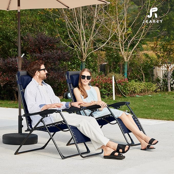 JEAREY Oversized Padded Zero Gravity Chairs Set of 2, Folding Lounge Chair Outdoor Patio Recliner, Anti Gravity Chair for Backyard with Headrest, Cup Holder, Side Tray, Polyester Mesh - Navy/Gray