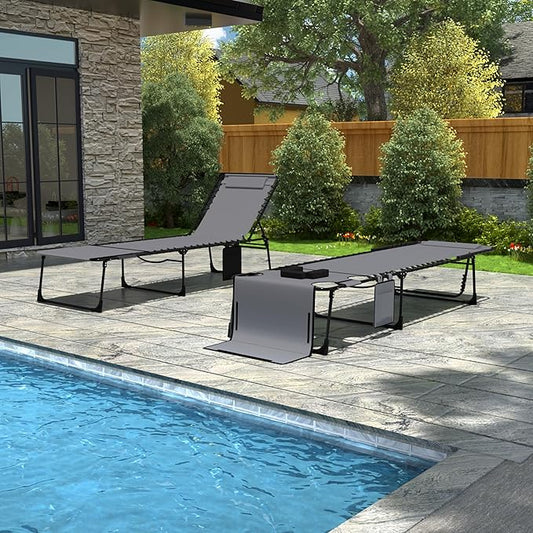 Foldable Outdoor Chaise Lounge Chair with Face & Arm Hole, Portable Tanning Chair with 5-Position Adjustable Back, Detachable Pillow and Pocket for Patio, Beach and Pool, Gray