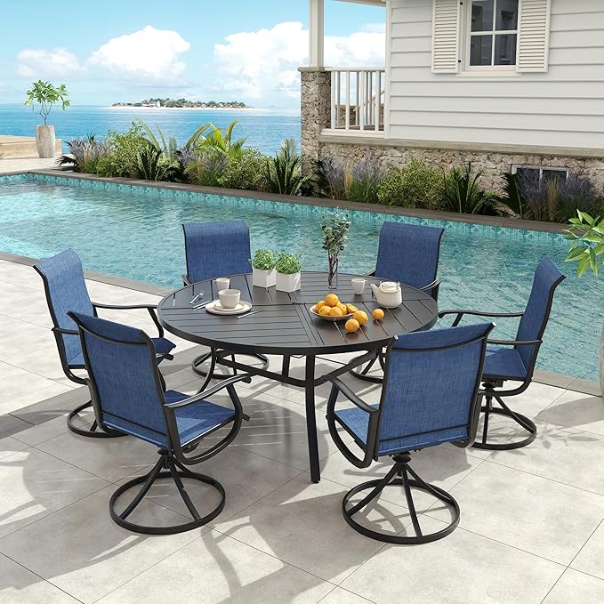VICLLAX 53" Round Patio Dining Table for 6-8, All Weather Metal Outdoor Table with 1.57" Umbrella Hole and Surdy Frame for Garden Lawn Deck, Walnut