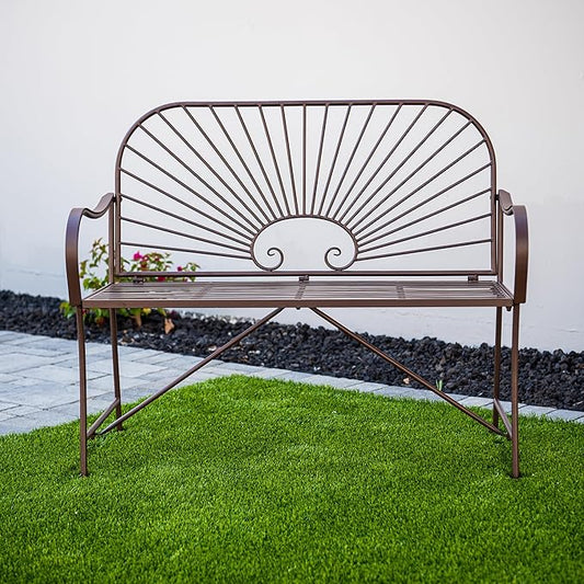 XBrand 44" L Iron Sun-Patterned Seat for Two, Patio & Porch Furniture for Park, Yard, Lawn, Balcony, Backyard – Brown