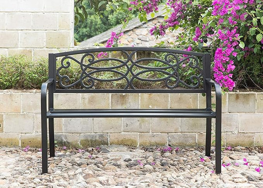 Gardenised QI003772 Steel Outdoor Patio Garden Park Seating Bench with Cast Iron Scrollwork Backrest, Front Porch Yard Bench Lawn Decor