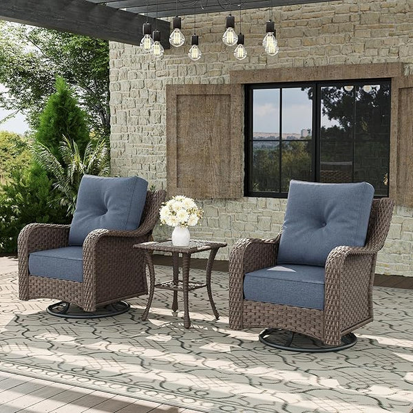 3 Piece Patio Furniture Set, All-Weather Wicker Outdoor Conversation Set with Swivel Rocking Chair and 6 Inch Thick - Photo 1