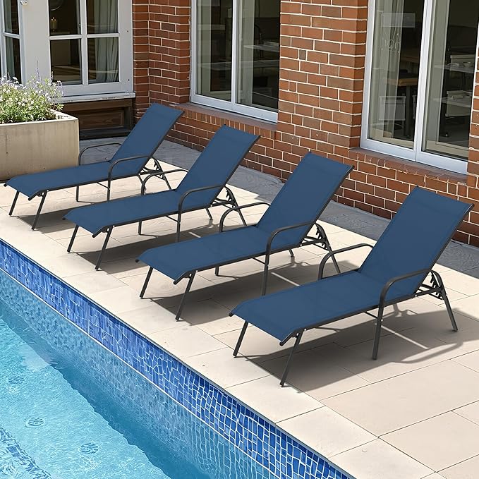 Crestlive Outdoor Chaise Lounge Chair,5-Position Pool Lounge Chairs with Armrests Sunbathing Recliner for Patio,Beach,Deck,Yard (4PC Navy)