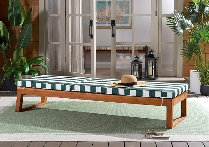 SAFAVIEH Outdoor Patio Furniture Collection - Sophie Natural Brown Solid Wood Chaise Lounge Chair, Adjustable Reclining, Hunter Green Stripe Cushion (PAT7101H)