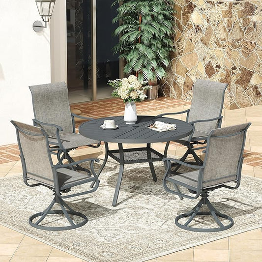 VICLLAX 40.6" Round Patio Dining Table for 4, All Weather Metal Outdoor Table with 1.57" Umbrella Hole and Storage Shelf for Garden Lawn Deck, Dark Grey