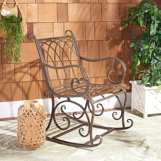 SAFAVIEH Outdoor Collection Medrano Victorian Rustic Brown Wrought Iron Rocking Chair