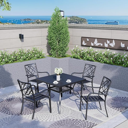 SOLAURA 37” Outdoor Dining Table Patio Slat Table Top for 4-Person/Metal Frame, Umbrella Hole, Indoor or Outdoor, Black